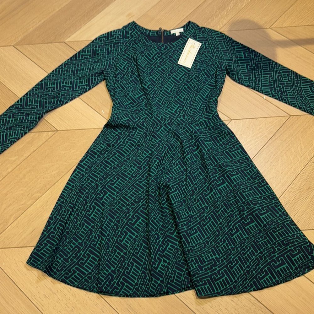 Shoshanna Green Black Geometric Silk Fit & Flare Dress 0 NWT